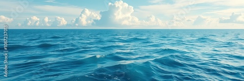 The image captures a tranquil scene of the ocean under a bright sky