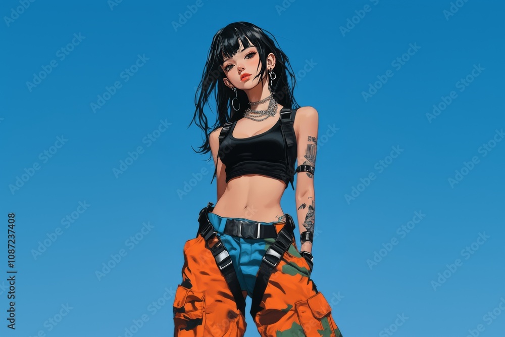y2k anime woman in bold black attire