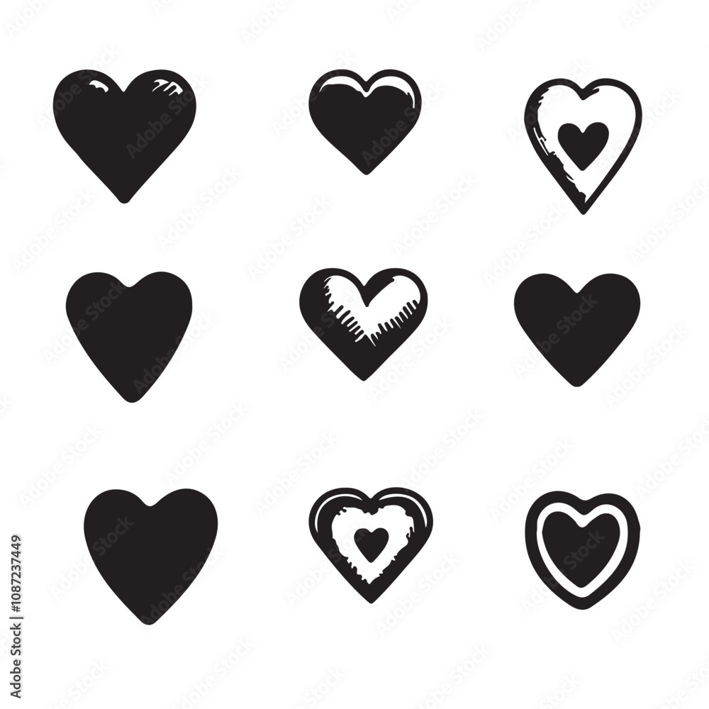 Heart silhouette vector set. Hand sketch style heart shape collection. Heart logo, icon vector design black and white. Heart silhouette vector set. Hand sketch style heart shape collection. Heart logo, icon vector design black and white.