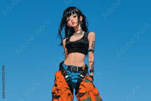 Obraz na płótnie y2k anime woman in bold black attire w salonie