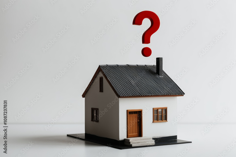 Miniature white model house and question mark on white background. AI generated Miniature white model house and question mark on white background. AI generated