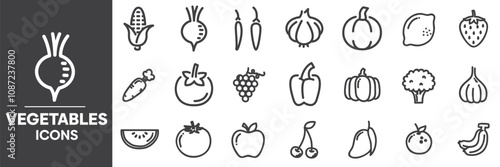 Vegetables Icons Set, Containing All Vegetables Signs Icons Outlines, Vector Illustration Collection Editable eps10