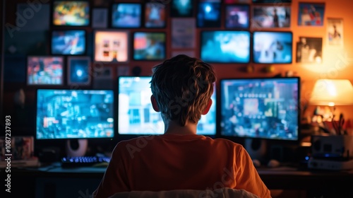 A young person sits in front of two monitors, engrossed in a video game in their dimly lit room