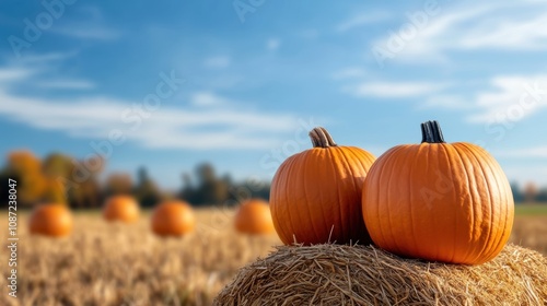 A vibrant scene featuring pumpkins resting on a hay bale amidst a blurred field, capturing the essence of autumn and harvest season in a picturesque rural setting.