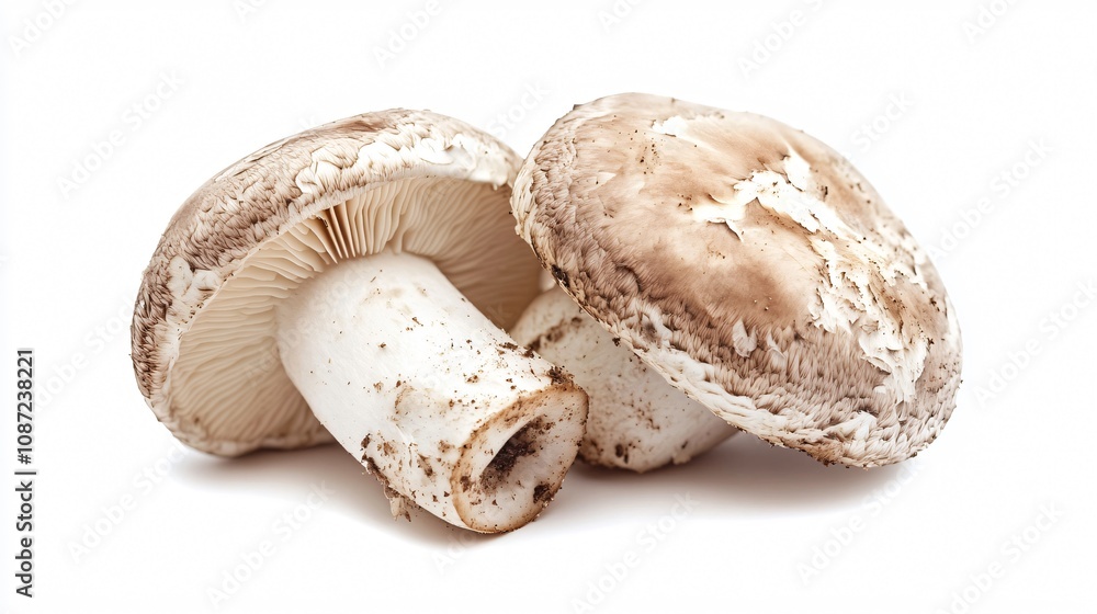 Two fresh mushrooms isolated on white background. Earthy still life of edible fungi. Organic, natural food ingredient. Delicious, healthy, and versatile for cooking and cuisine. Two fresh mushrooms isolated on white background. Earthy still life of edible fungi. Organic, natural food ingredient. Delicious, healthy, and versatile for cooking and cuisine.
