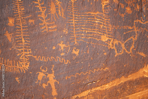 Detail of indigenous culture Petroglyphs etch in the walls along Potash Road in Moab Utah