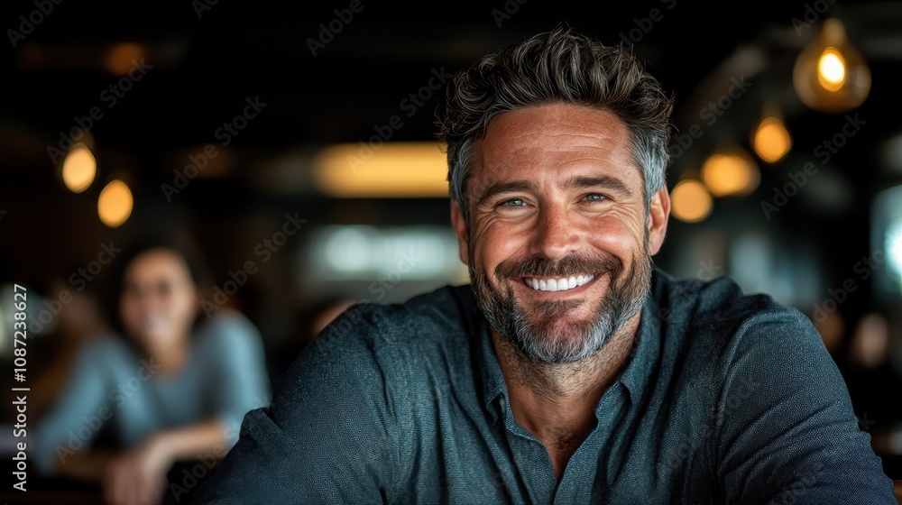 A man in a casual shirt is smiling confidently in a bustling indoor setting, showing warmth and friendliness amidst a lively environment. A man in a casual shirt is smiling confidently in a bustling indoor setting, showing warmth and friendliness amidst a lively environment.