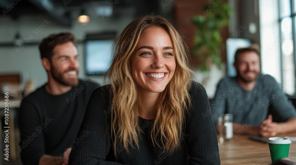 A cheerful woman with long hair smiles happily in a casual office environment with two colleagues sitting blurred in the background, suggesting teamwork and camaraderie. A cheerful woman with long hair smiles happily in a casual office environment with two colleagues sitting blurred in the background, suggesting teamwork and camaraderie.