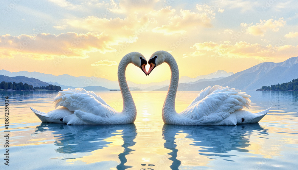 Obraz premium Two Swans Forming a Heart on a Serene Lake.