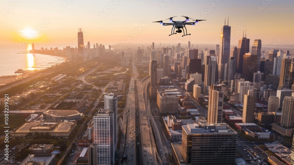 Aerial View of City Skyline with Ominous Drone Casting Shadow, Emphasizing State of Alert Aerial View of City Skyline with Ominous Drone Casting Shadow, Emphasizing State of Alert