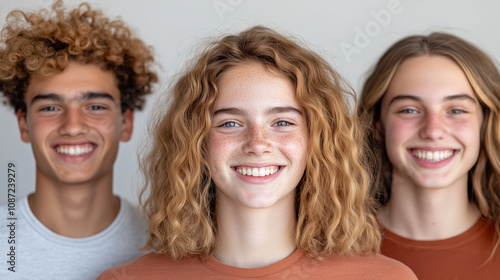 Three Teenagers With Curly Hair Smiling Together in a Bright Room, Showcasing Friendship and Joy During a Casual Gathering