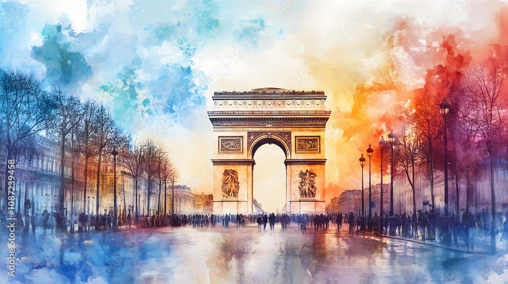 Watercolor Digital Art of Arc de Triomphe on the Champs-Élysées in Paris, France_7 Watercolor Digital Art of Arc de Triomphe on the Champs-Élysées in Paris, France_7
