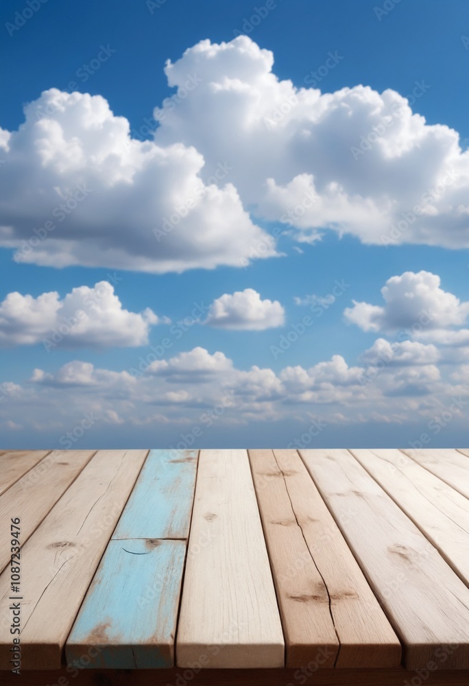 An empty wooden tabletop with blue skies and clouds is ideal for displaying merchandise An empty wooden tabletop with blue skies and clouds is ideal for displaying merchandise