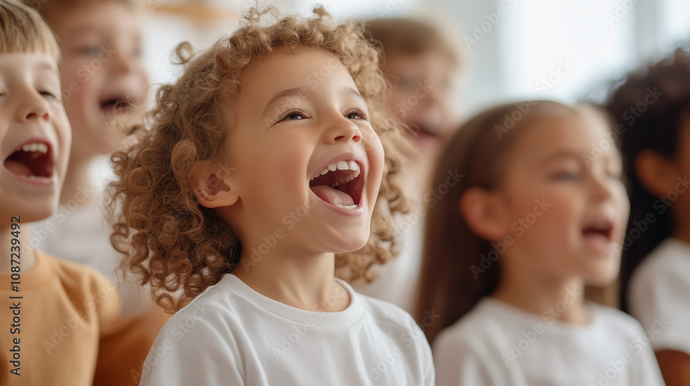 A Group of Joyful Children Singing Together in a Bright Classroom During a Music Lesson in the Afternoon, Displaying Excitement and Enthusiasm A Group of Joyful Children Singing Together in a Bright Classroom During a Music Lesson in the Afternoon, Displaying Excitement and Enthusiasm