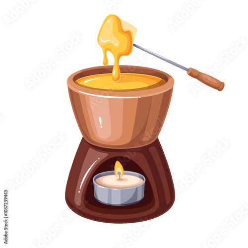 Fondue, French cartoon snack with cheese. Slice of bread on fork covered with hot yellow cheese melted in bowl over candle fire. Cuisine of France mascot, cartoon Fondue in pot vector illustration