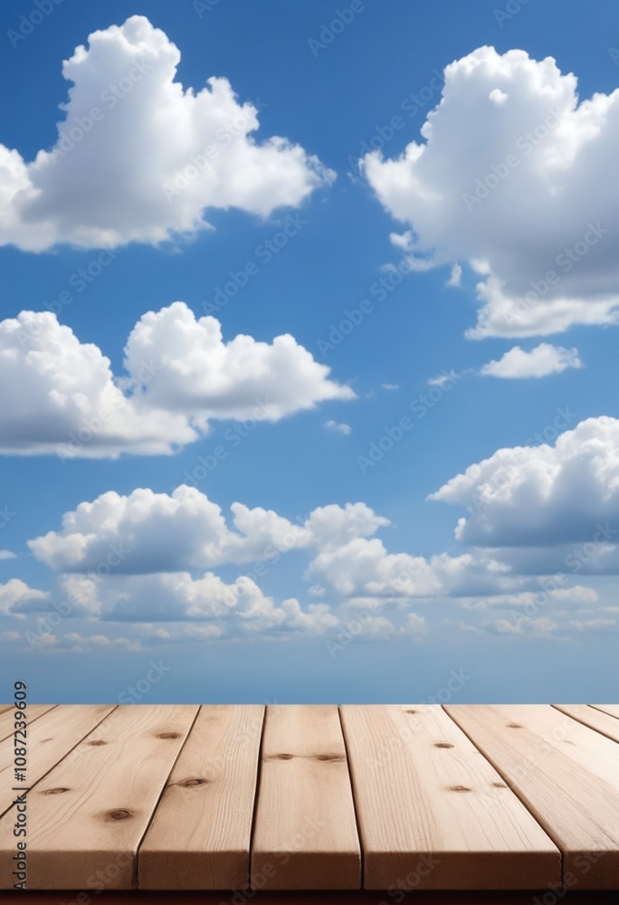 An empty wooden tabletop with blue skies and clouds is ideal for displaying merchandise An empty wooden tabletop with blue skies and clouds is ideal for displaying merchandise