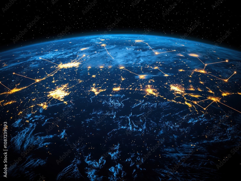 Obraz premium Global data transmission through illuminated connections above earth digital landscape satellite view international data flow