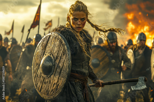 Warrior Queen A Stunning Image of a Viking Shieldmaiden in Battle Wielding a Round Shield and Axe