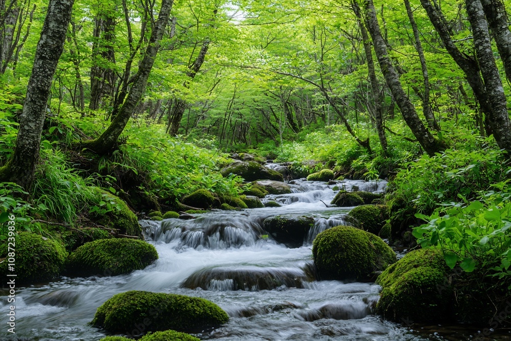 Serene Forest Stream Surrounded by Lush Greenery Serene Forest Stream Surrounded by Lush Greenery