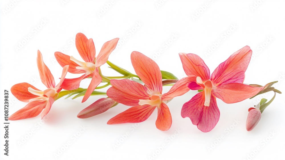 A Delicate Dance of Coral Hues: Exquisite Orchid Blossoms on a Pristine White Canvas A Delicate Dance of Coral Hues: Exquisite Orchid Blossoms on a Pristine White Canvas