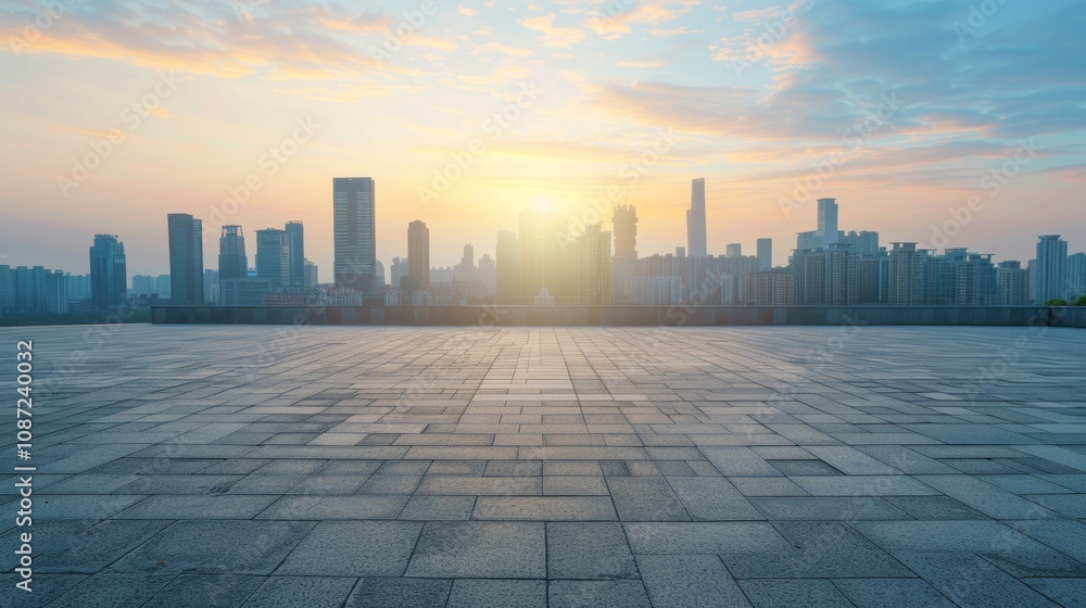 Empty square floor with city skyline background, Modern cityscape with architectural highlights, aerial viewpoint Empty square floor with city skyline background, Modern cityscape with architectural highlights, aerial viewpoint