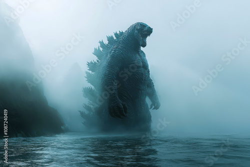 Mystical Godzilla A Haunting Presence in the Misty Seascape photo