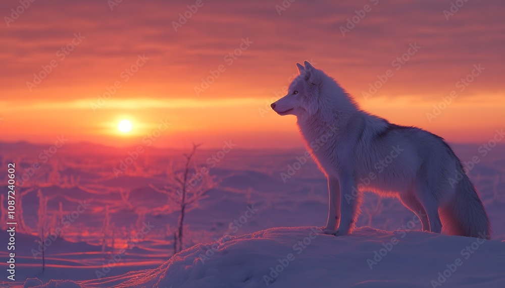 Arctic wolf watching over a frozen expanse from a snowy ridge at dawn real photo of animal Arctic wolf watching over a frozen expanse from a snowy ridge at dawn real photo of animal