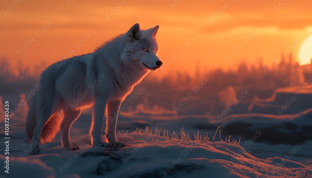 Arctic wolf watching over a frozen expanse from a snowy ridge at dawn real photo of animal Arctic wolf watching over a frozen expanse from a snowy ridge at dawn real photo of animal