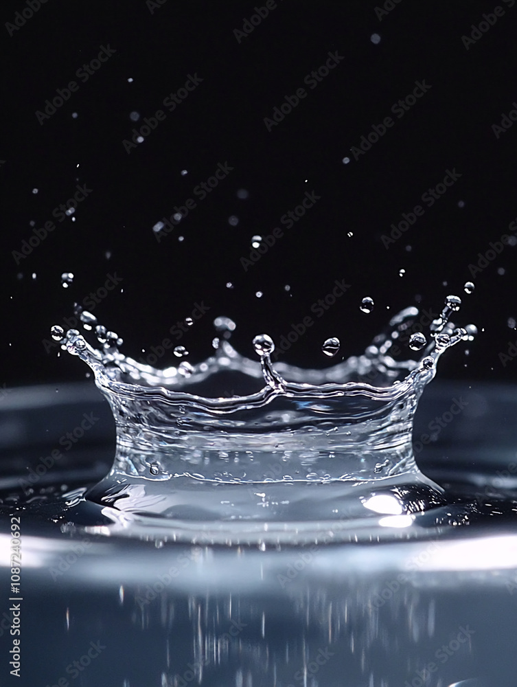 A water droplet falls into a still body of water, creating a beautiful, symmetrical splash A water droplet falls into a still body of water, creating a beautiful, symmetrical splash