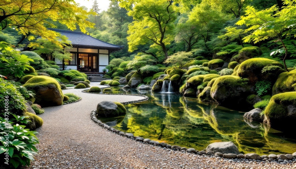 Obraz premium Tranquil japanese garden with zen landscaping and serene pond