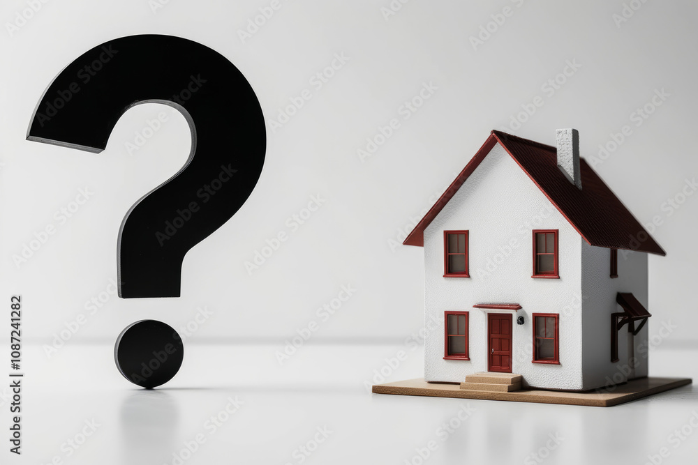 Miniature white model house and question mark on white background. AI generated Miniature white model house and question mark on white background. AI generated