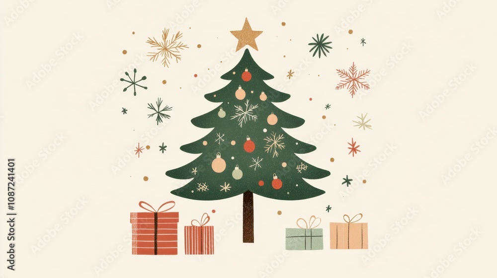 Fototapeta premium Christmas card with a stylish green tree illustration and gifts set on a light cream background, perfect for warm greetings.