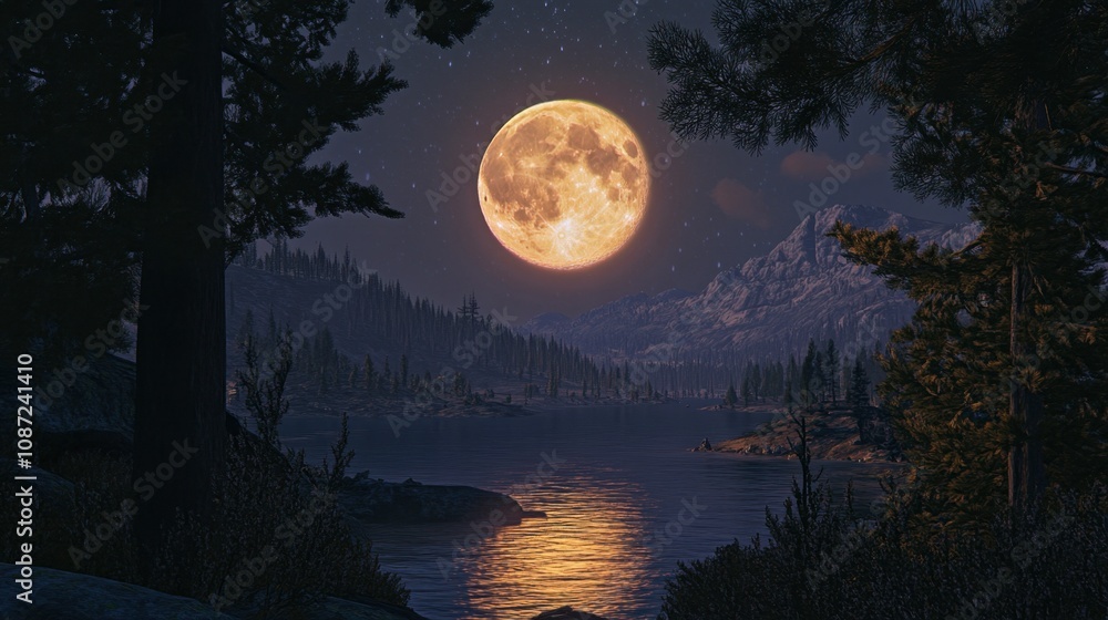 The full moon rising over a mountain lake, with pine trees framing the scene. The full moon rising over a mountain lake, with pine trees framing the scene.