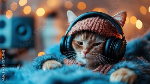 A charming photo of a cat with headphones on, wrapped in a knitted sweater, snuggled up amidst plush blankets, perfecting a vibe of warmth and coziness. photo