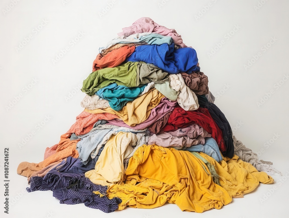 pile of dirty laundry heaped on a white background, showcasing a variety of colorful garments, evoking a sense of everyday life and chores pile of dirty laundry heaped on a white background, showcasing a variety of colorful garments, evoking a sense of everyday life and chores