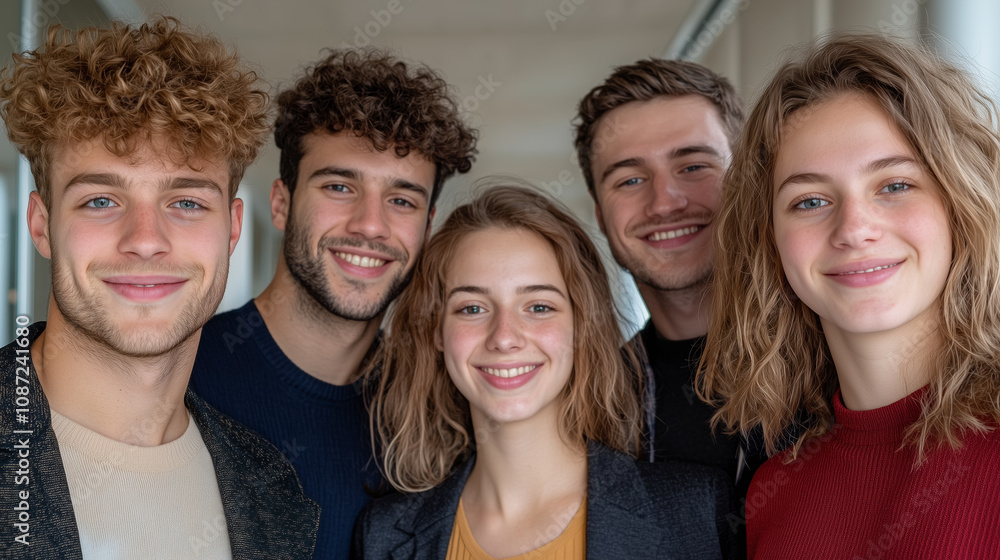Group of Five Cheerful Young Adults Posing Together Indoors, Showcasing Their Smiles and Camaraderie in a Cozy Environment During Daylight Hours Group of Five Cheerful Young Adults Posing Together Indoors, Showcasing Their Smiles and Camaraderie in a Cozy Environment During Daylight Hours