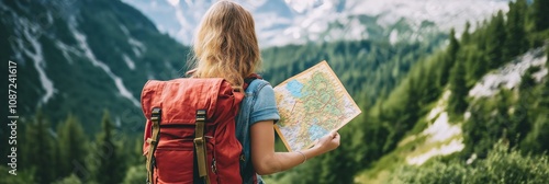 A woman with a backpack and map hikes through a lush forest, exploring nature's beauty.