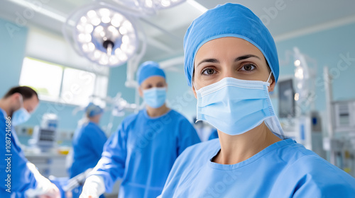 Surgeon and Medical Team Performing a Complex Procedure in a Well-Equipped Operating Room During Daytime With Bright Surgical Lights and Focused Expressions