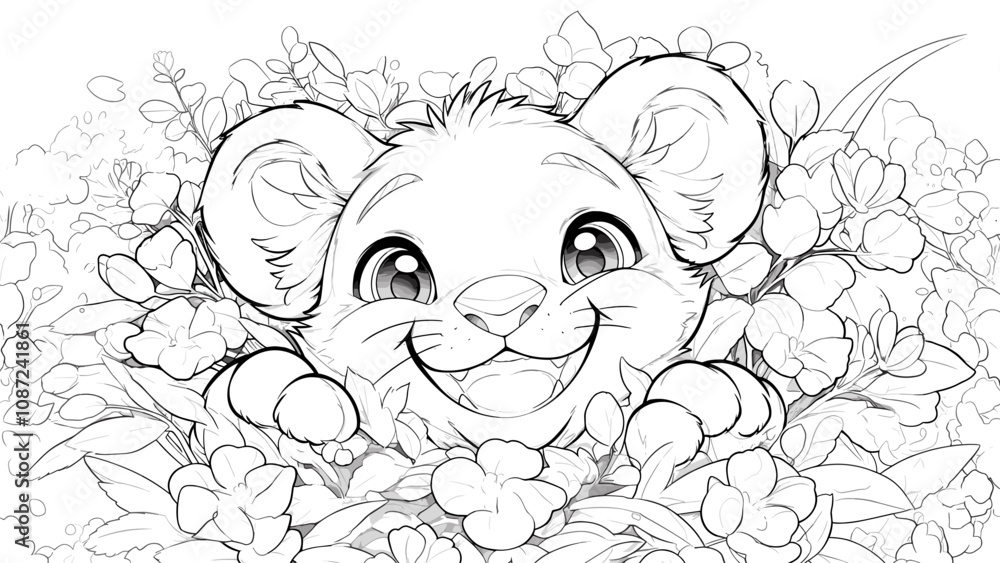 Obraz premium Happy Lion Cub Peeking Out of Thick Flower Thicket Coloring Page for Kids Adorable Illustration Floral Jungle Scene Playful Animal Drawing for Children Cheerful Lion Art Page