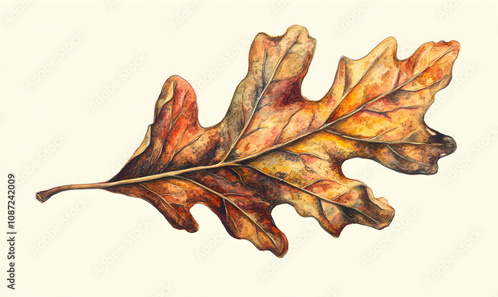 Obraz premium Detailed watercolor painting of a single, dried oak leaf, showcasing autumnal colors and intricate vein patterns. Perfect for fall-themed designs and nature-inspired projects.