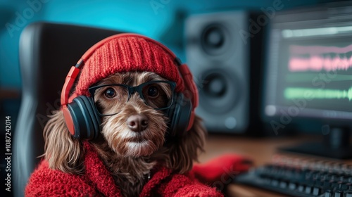 A dog wearing red knit attire and glasses works intently at a music console, embodying focus and creative production in a modern digital studio setting. photo