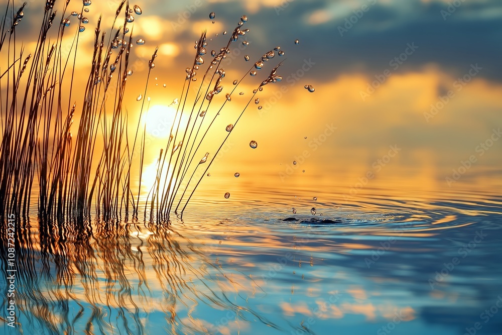 Golden sunset illuminates tranquil lake waters, with droplets and reeds standing as natural silhouettes against the light. Golden sunset illuminates tranquil lake waters, with droplets and reeds standing as natural silhouettes against the light.