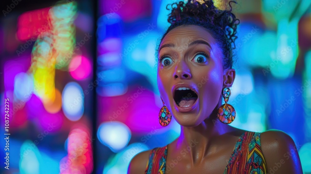 A vibrant moment of a contestant being eliminated from a reality TV competition, reacting with both surprise and grace A vibrant moment of a contestant being eliminated from a reality TV competition, reacting with both surprise and grace