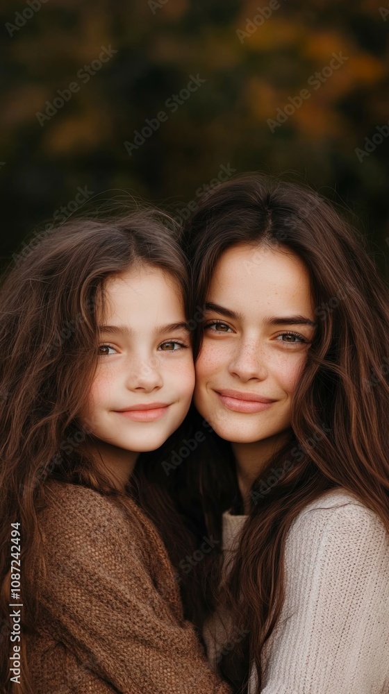 A joyful moment between a mother and daughter outdoors in the fall, captured during a warm sunset in a serene natural setting A joyful moment between a mother and daughter outdoors in the fall, captured during a warm sunset in a serene natural setting