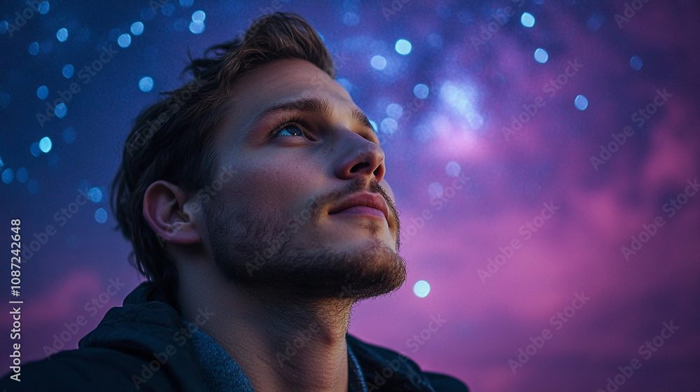 Young man gazes at a starry night sky filled with vibrant colors and twinkling stars in the evening Young man gazes at a starry night sky filled with vibrant colors and twinkling stars in the evening