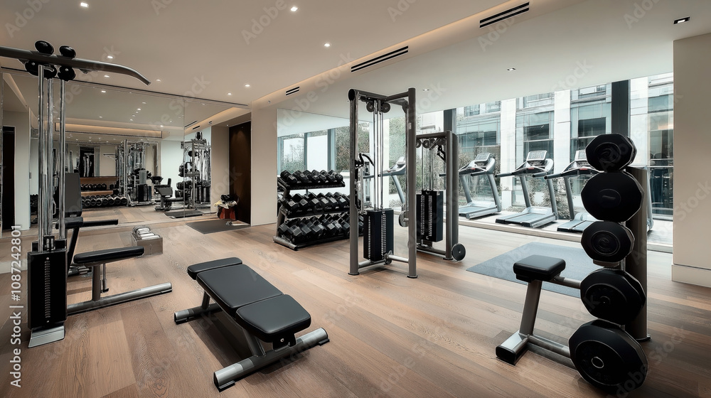 Modern indoor gym with exercise equipment, including treadmills, weight racks, and benches with mirrored walls and wooden flooring, bright and spacious interior. Modern indoor gym with exercise equipment, including treadmills, weight racks, and benches with mirrored walls and wooden flooring, bright and spacious interior.