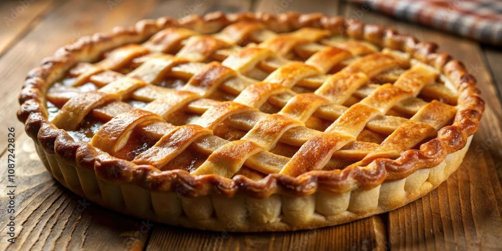 A freshly baked, golden-brown pie with a lattice crust, showcasing the sweet and savory flavors of a homemade dessert. A freshly baked, golden-brown pie with a lattice crust, showcasing the sweet and savory flavors of a homemade dessert.