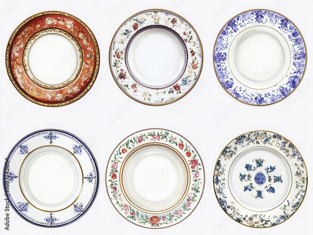 plates and dishes artfully arranged in a watercolor style, featuring intricate designs against a clean, isolated background to emphasize the beauty of each piece plates and dishes artfully arranged in a watercolor style, featuring intricate designs against a clean, isolated background to emphasize the beauty of each piece