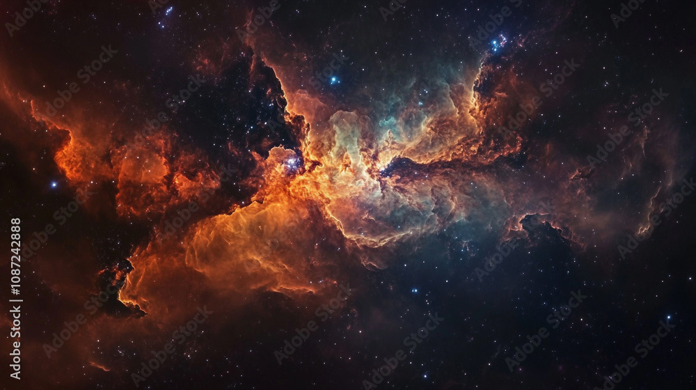 Majestic cosmic clouds of gas and dust glowing brightly in deep space during a stellar formation Majestic cosmic clouds of gas and dust glowing brightly in deep space during a stellar formation