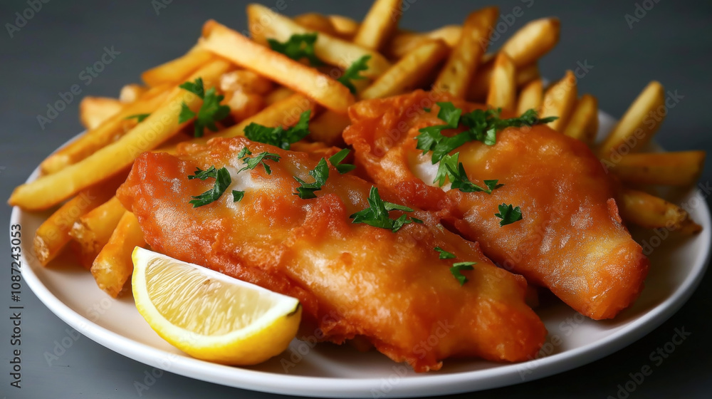 Plate of golden-brown fried fish with French fries, garnished with fresh parsley and served with a lemon wedge. Plate of golden-brown fried fish with French fries, garnished with fresh parsley and served with a lemon wedge.